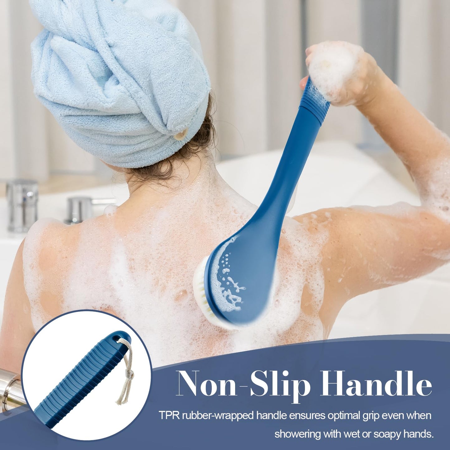 Back Scrubber for Shower, Shower Body Brush for Cleaning with Long Handle for Showering, 17 Inch Back Washer Exfoliator for Shower Men Women with Non-Slip Handle, Adhesive Hook (Celadon Green)