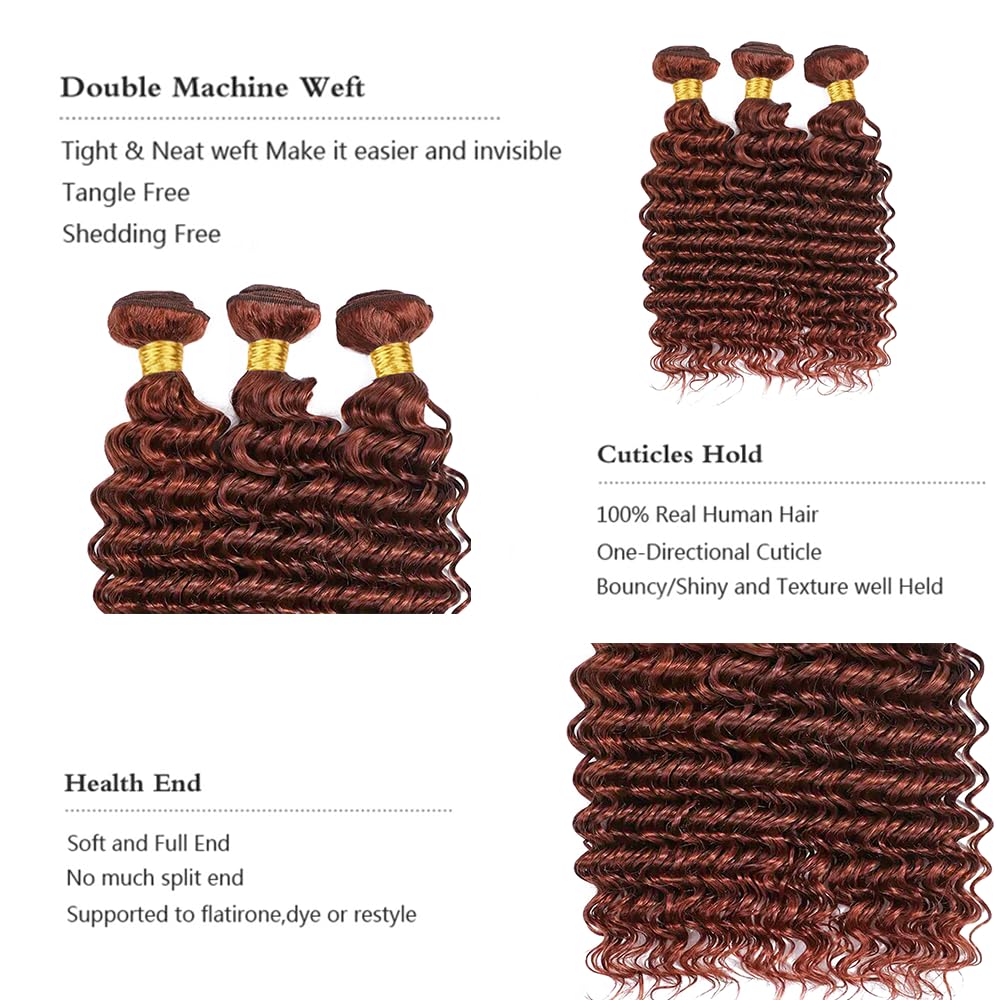 Reddish Brown Deep Curly Bundles Human Hair Copper Red Bundles Color 33 Human Hair Bundles Double Weft Wet and Wavy Auburn Deep Wave Bundles Silky and Soft for Black Women 22 24 26 Inch