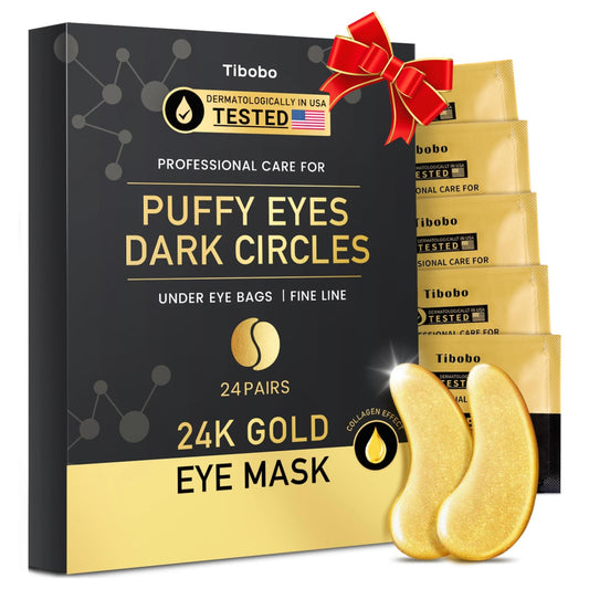 Tibobo Under Eye Patches (24 Pairs) - 24K Gold Eye Masks Enriched with Abundant Collagen | Diminish Dark Circles and Puffiness | Anti-Aging, Smooth Fine Line, Nourish Skin - Christmas Gifts for Women