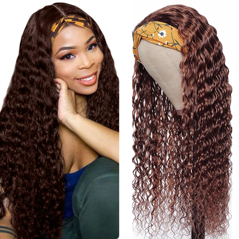 YiweYowe 26 Inch #4 Brown Water Wave Headband Wig Human Hair 150% Density Brazilian Human Hair No Lace Wig Chocolate Brown Human Hair Full Head Machine Made Half Headband Wigs