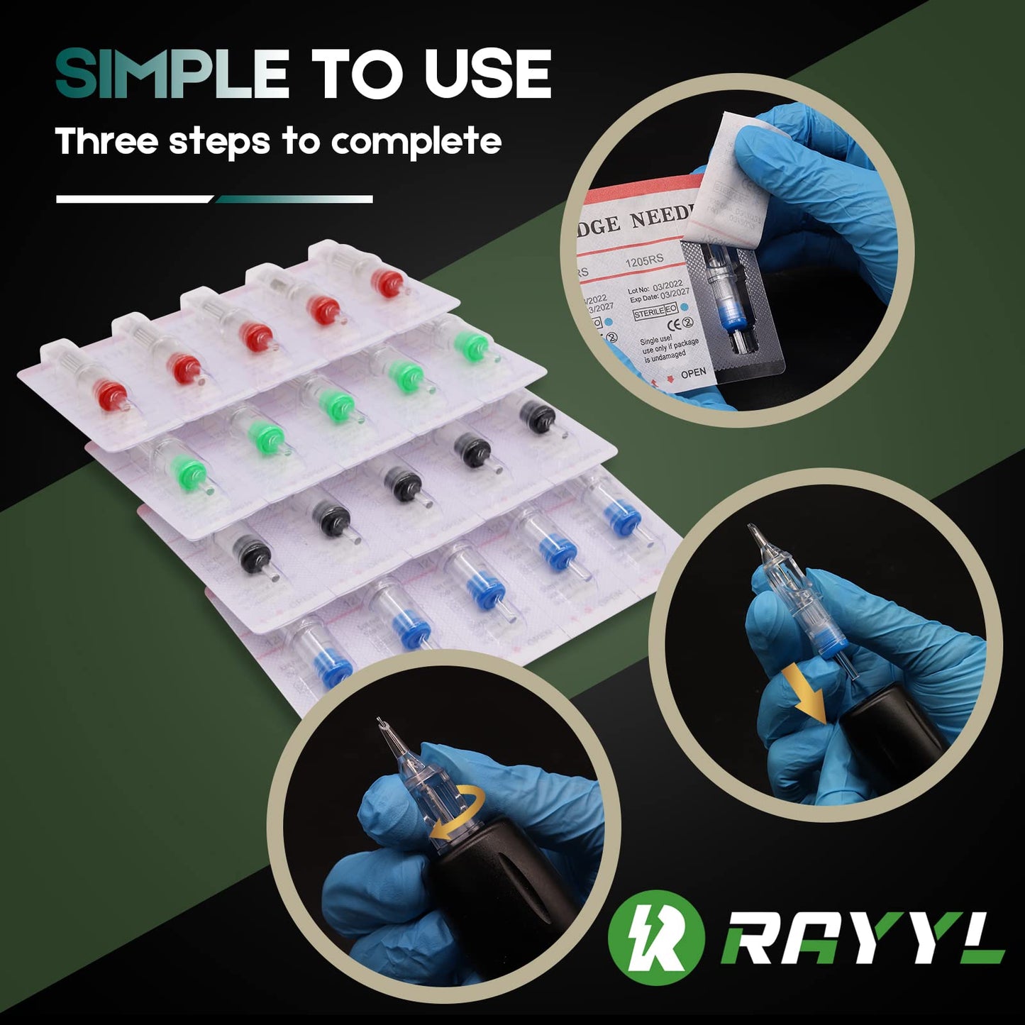 Rayyl 40Pcs Tattoo Needles Cartridges Mixed Size 1205M1 1207M1 1209M1 1211M1 Round Liner Tattoo Cartridge Needles for Beginners and Artists Disposable