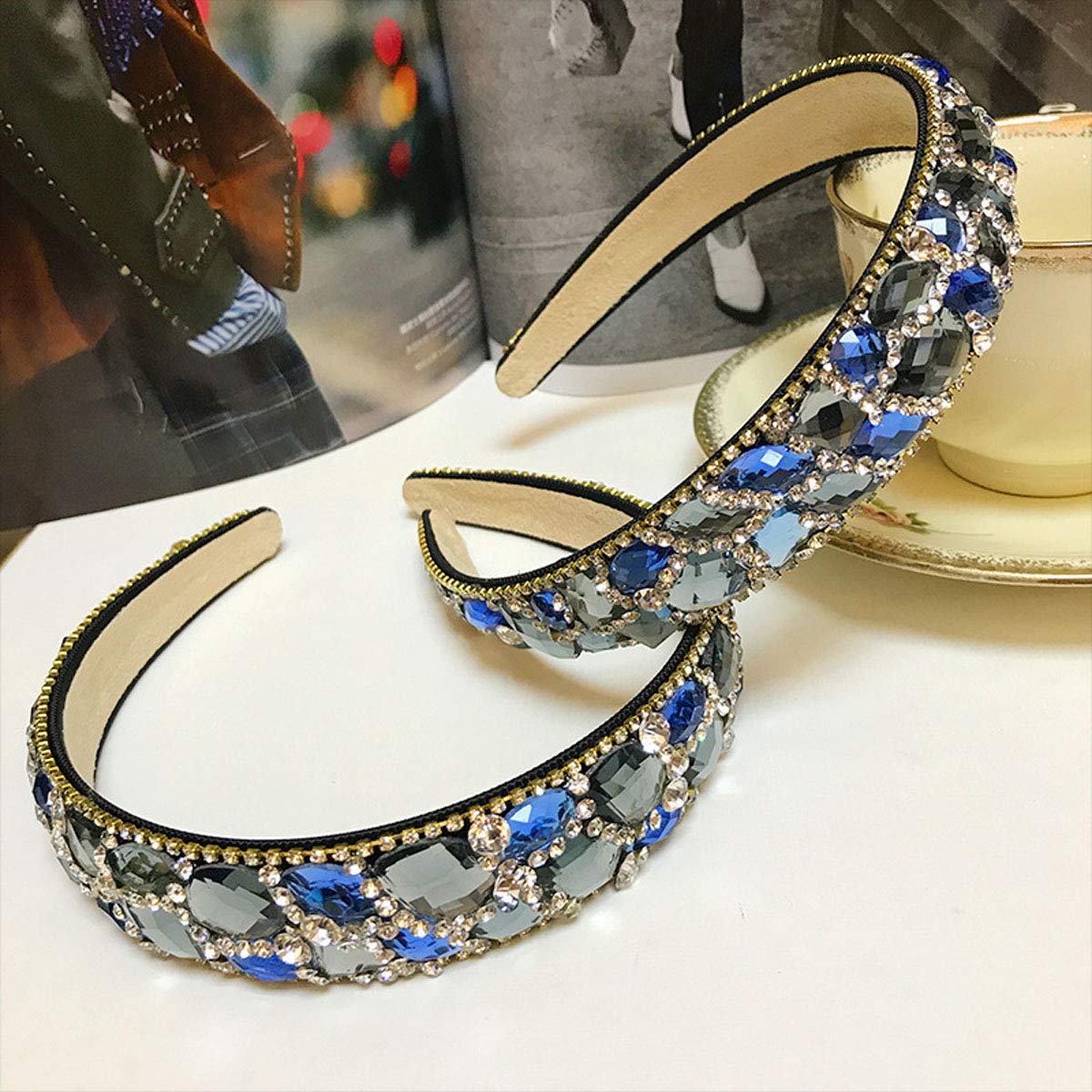 Women Lady Fashion Hair-Band Jewel Headbands Handmade Luxury Irregular Sparkle Crystal Rhinestone Wide-edge Headband Hair Hoop (Blue)