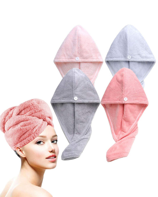 Bath Pre Dry Hair Towel 4-Piece Set Quick Dry Extra Absorbent Lightweight Turban with Button Hair Drying Wrap Bathroom Girl Friend Family Mom Gift