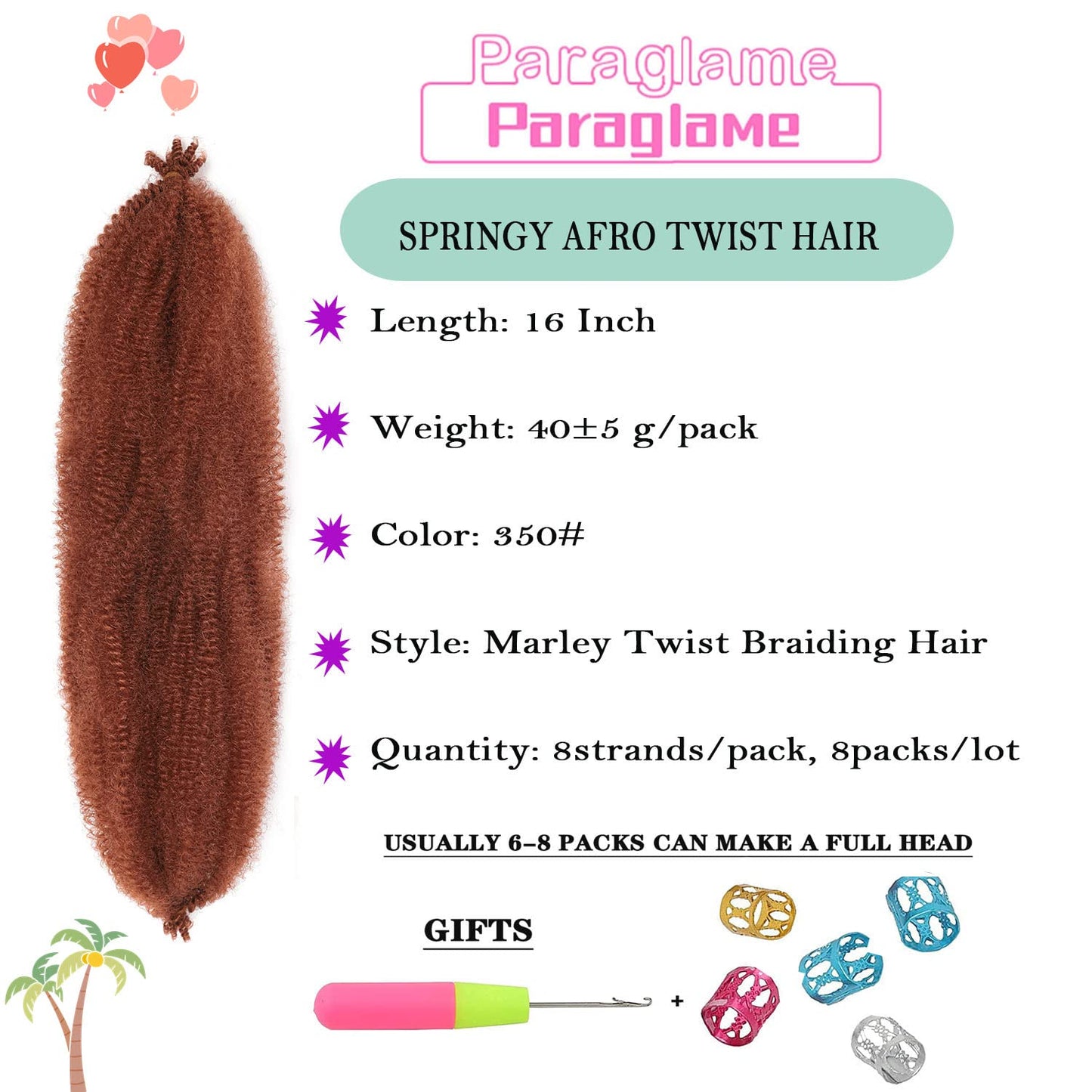 Pre-Separated Marley Twist Braiding Hair 16 Inch Ginger Springy Afro Twist Hair 350 Color for Distressed Butterfly Locs soft locs Crochet Hair Extensions for Black Women (8Packs,350#)