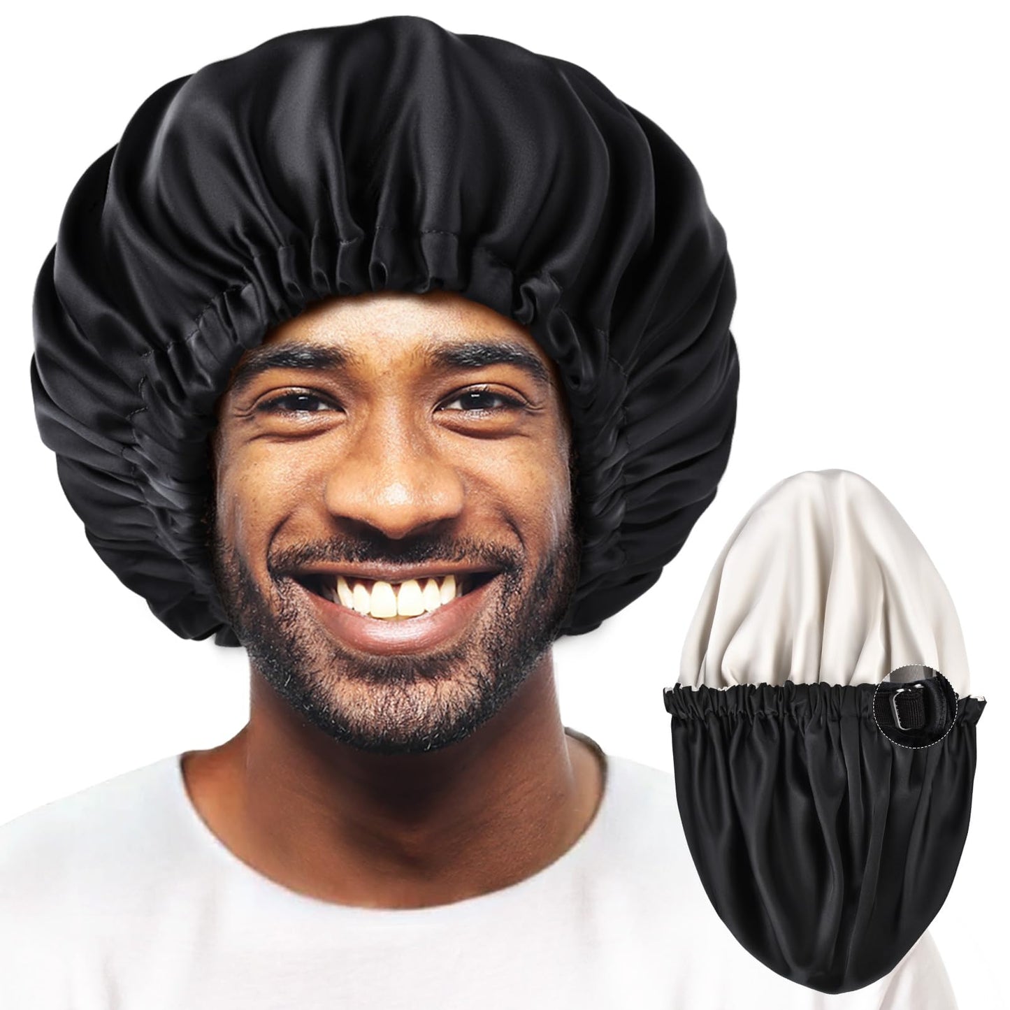 Silk Bonnet for Men Sleeping Satin Bonnet Hair Bonnets Double Layer Ajustable Bonnet Curly Braids Hair for Black Men and Women Sleep Cap (Black/Champagne)