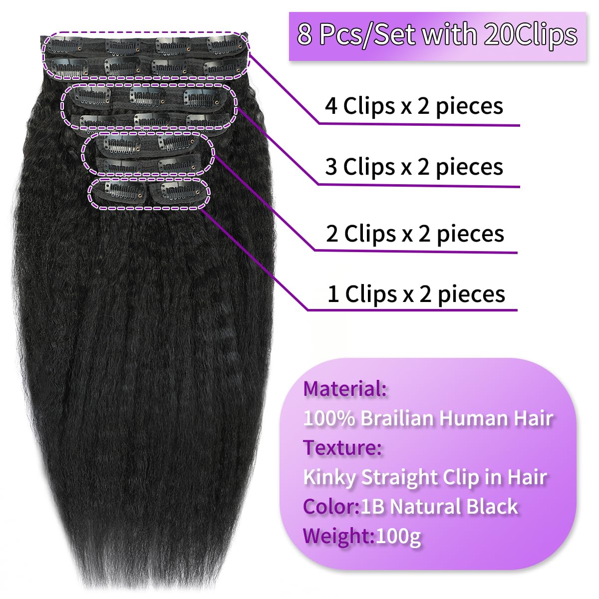 22 Inch Kinky Straight Clip in Hair Extensions Real Human Hair Yaki Straight Clip ins Seamless Remy Human Hair Clip in Extensions for Black Women Natural Black 8Pcs 100g 20 Clips