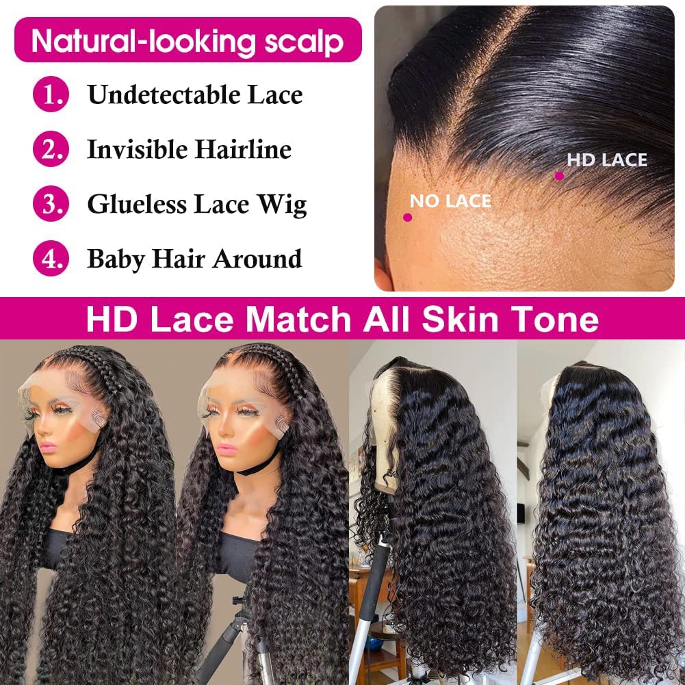 13x6 Deep Wave Lace Front Wigs Human Hair Wigs for Black Women HD Transparent Deep Curly Lace Frontal Glueless Wigs Human Hair Pre Plucked with Baby Hair Natural Black 20 Inch