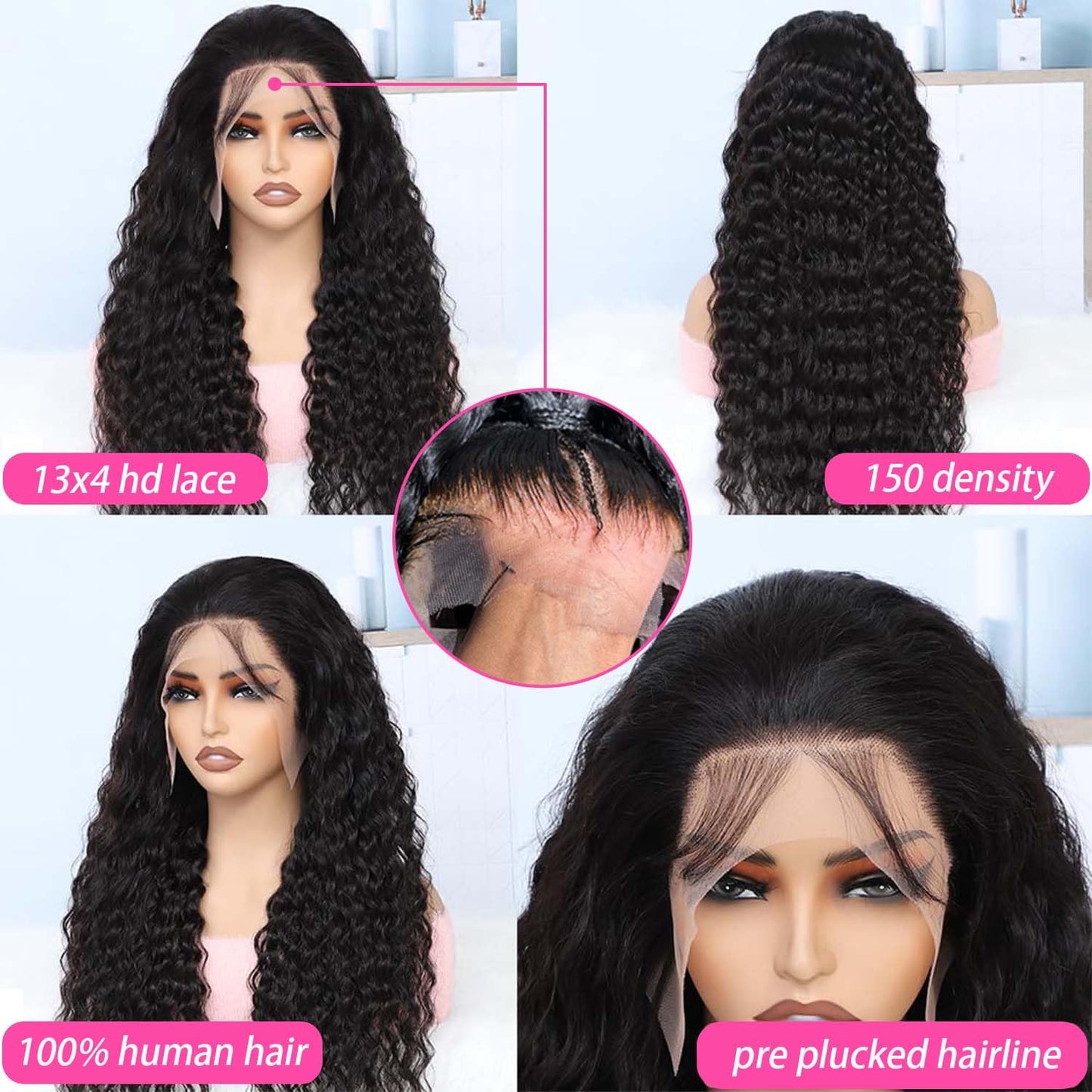 13x4 HD Lace Front Wigs Humair Hair, Deep Wave Lace Front Wigs Human Hair Pre Plucked,150% Density Curly Lace Front Wigs Human Hair Deep Curly Wig For Black Women With Babyhair(20inch Deep Wig)