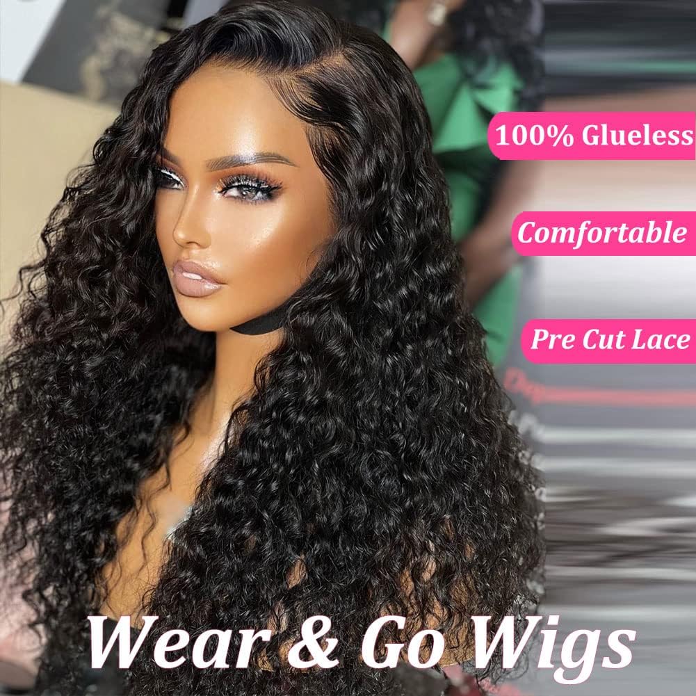 Alionly Glueless Wig Human Hair Pre Plucked 200 Density Water Wave Lace Front Wigs Human Hair 4x4 Closure Wigs for Black Women Human Hair Upgrade Pre Cut HD Transparent Lace Wig 24inch