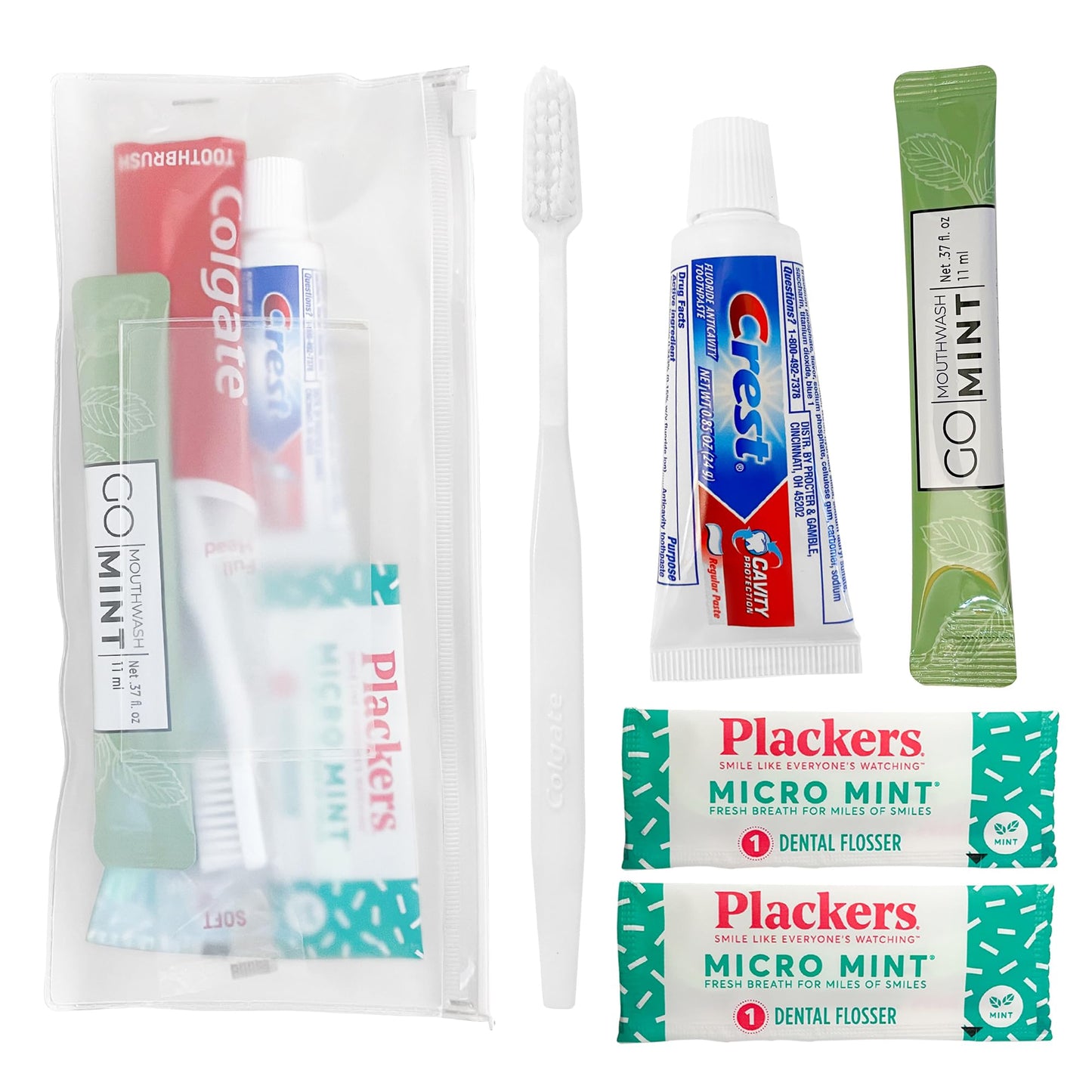 Travel-Sized Adult Dental Care Kit Bulk, TSA-Compliant Oral Care Bag Includes a Toothbrush, Floss Picks, Toothpaste, and Mint mouthwash