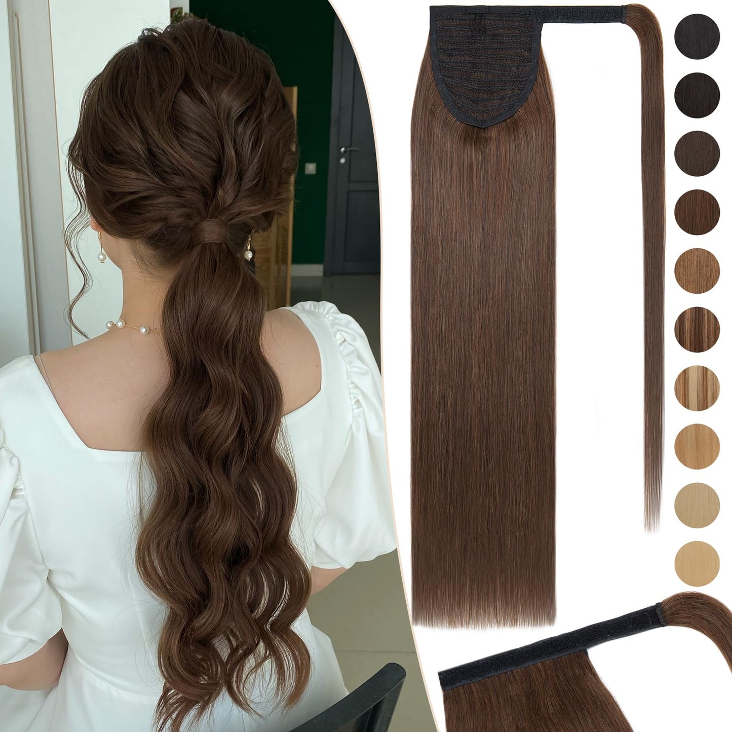 Rich Choices Ponytail Extension Human Hair #4 Medium Brown Real Hair Ponytail Extension Balayage One Piece Clip In Wrap Around Long Ponytail Extension Straight For Women 20 Inch 95g