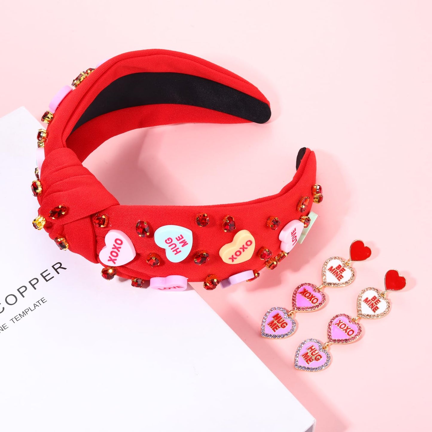 Valentine’s Day Headband for Women Love XOXO Heart Headbands Jeweled Conversation Heart Knotted Headband Pink Red Rhinestone Crystal Top Knot Headband Valentine’s Day Accessories Gifts (Red Set)