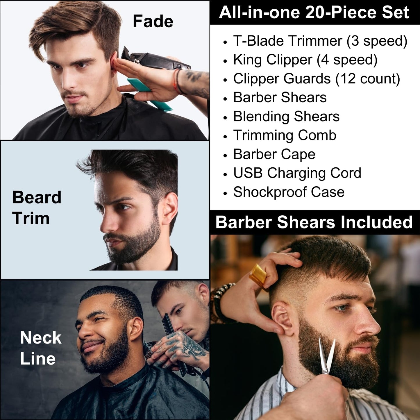 RevMont Multi-Speed Clipper Set, Gear Shifting, 20-Piece Grooming Kit for Men, T-Blade Plus King Clipper, Rechargeable Hair Trimmers, Metal Grip, Carbon Steel Blades, All-in-one Barber Set