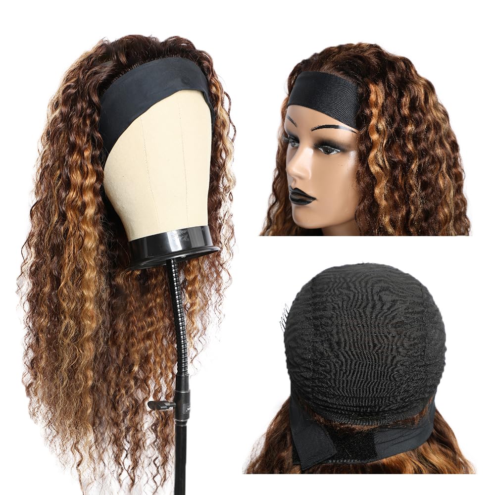 YiweYowe Highlight Dark Brown Headband Wig Human Hair P4/27 Honey Blonde Wig Human Hair Grade 8A None Lace Wig Glueles Brazilian Virgin Hair Water Wave Wig Machine Made Headband Wig 24 Inch