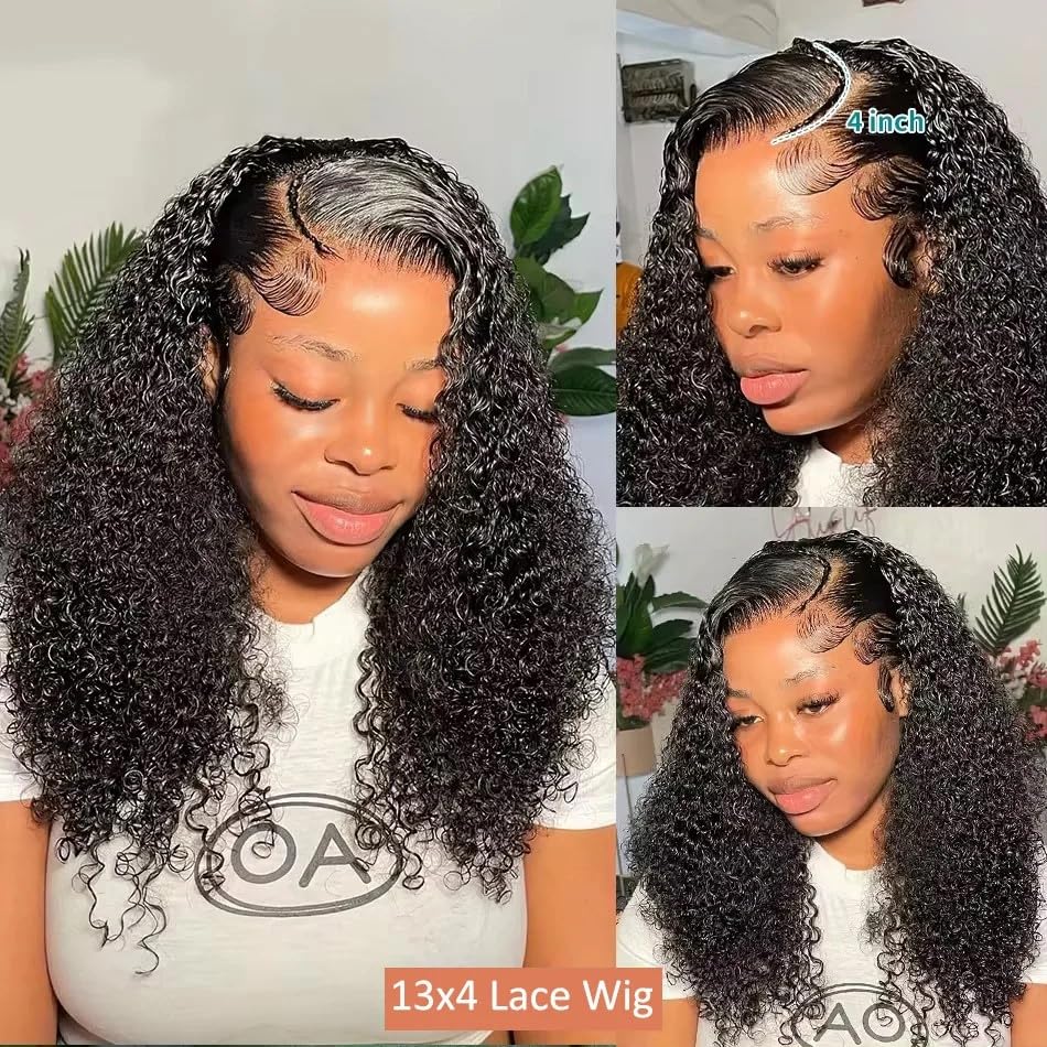 250% Density 13x4 deep Wave lace Front Wigs 250% Density Human Hair HD Transparent Curly Lace Frontal Wigs Human Hair for Black Women Pre Plucked Curly Wave Lace Front Wigs (Natural Color, 18inch)