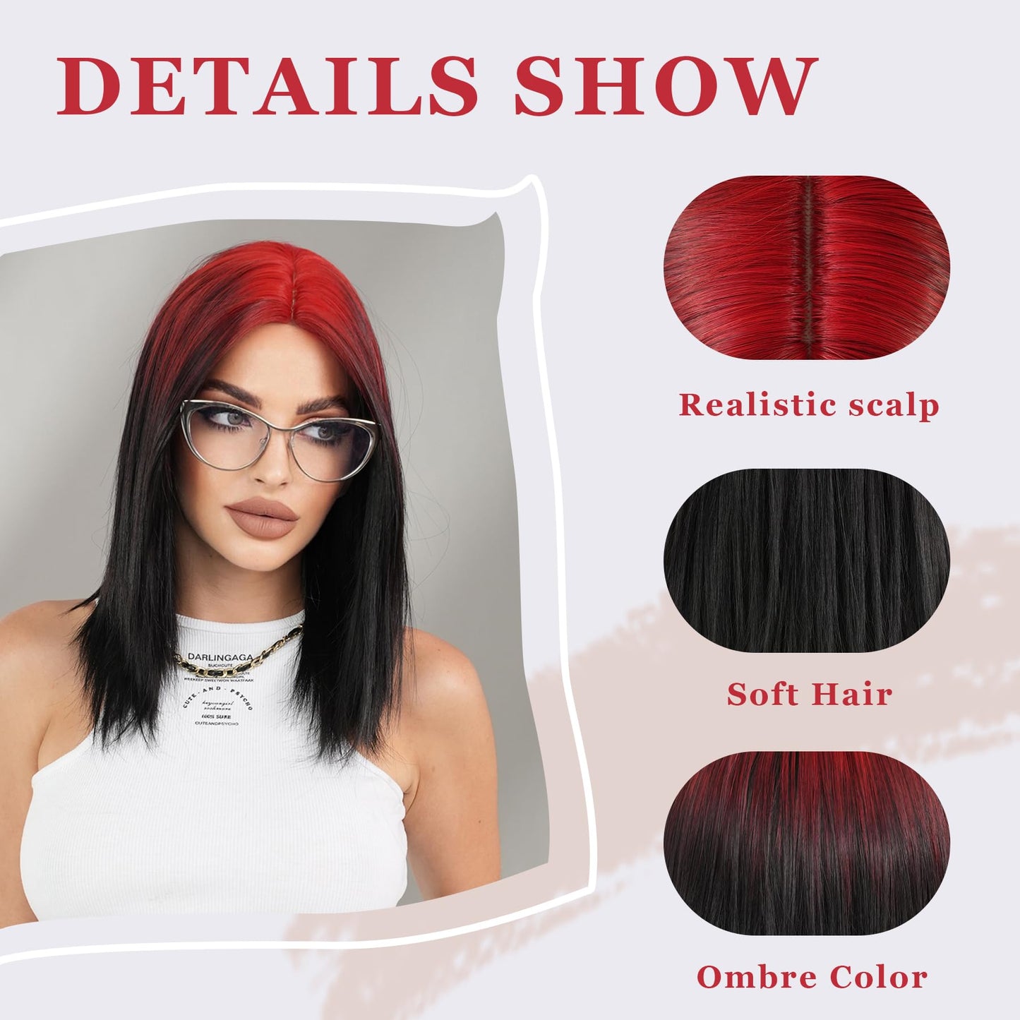 PARK YUN Red black Ombre Shoulder Length Straight Wig 19 Inch Short Straight Layered Wig Middle Part Synthetic Heat Resistant Wig for Women Daily Party used.
