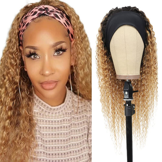 YiweYowe 22 Inch Ombre Headband Wig Human Hair Blonde 1b27 Colored Glueless No Lace Wig 150% Density Brazilian Virgin Hair Machine Made Wig 1B27 Curly Wave Honey Blonde Wig Human Hair