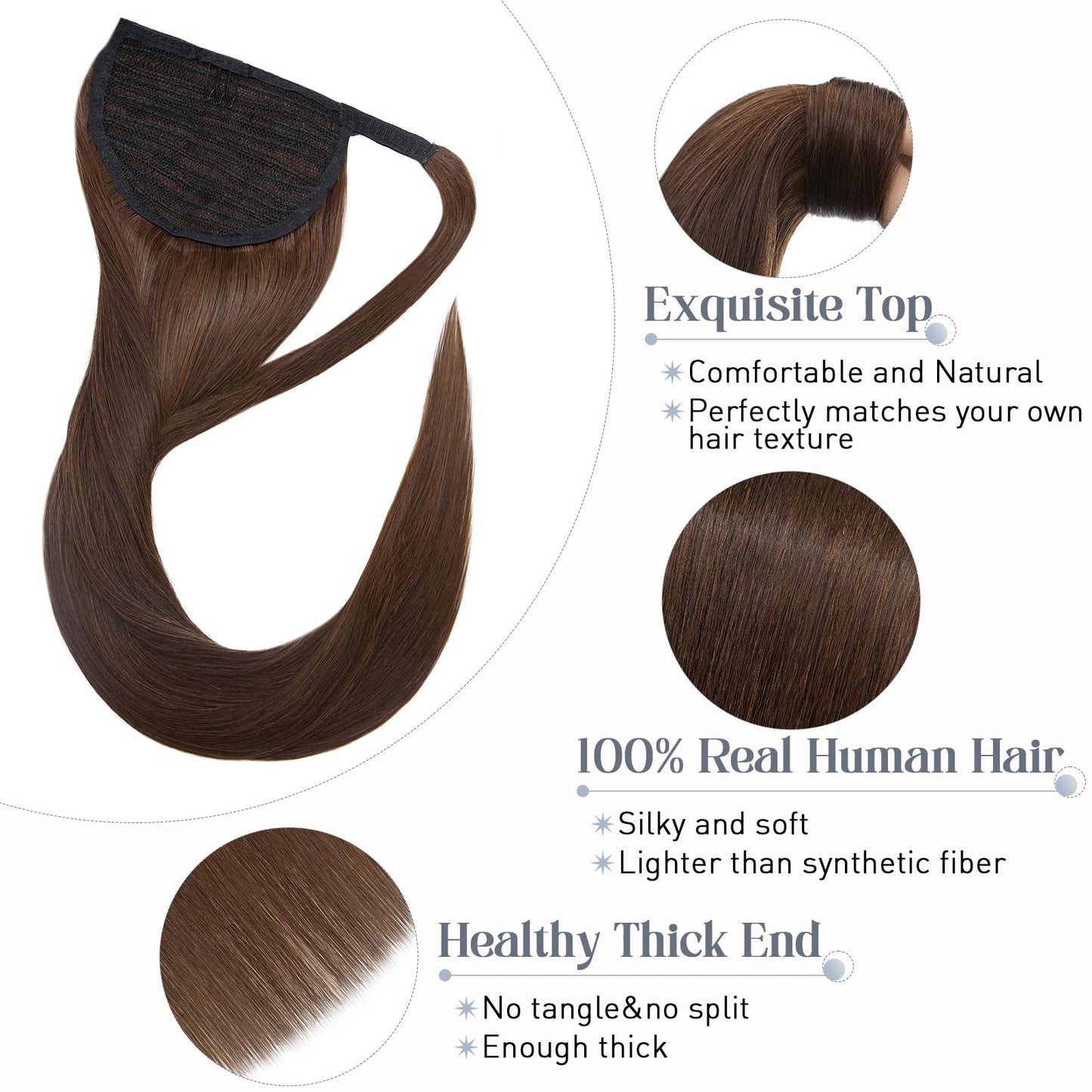 Rich Choices Ponytail Extension Human Hair #4 Medium Brown Real Hair Ponytail Extension Balayage One Piece Clip In Wrap Around Long Ponytail Extension Straight For Women 20 Inch 95g