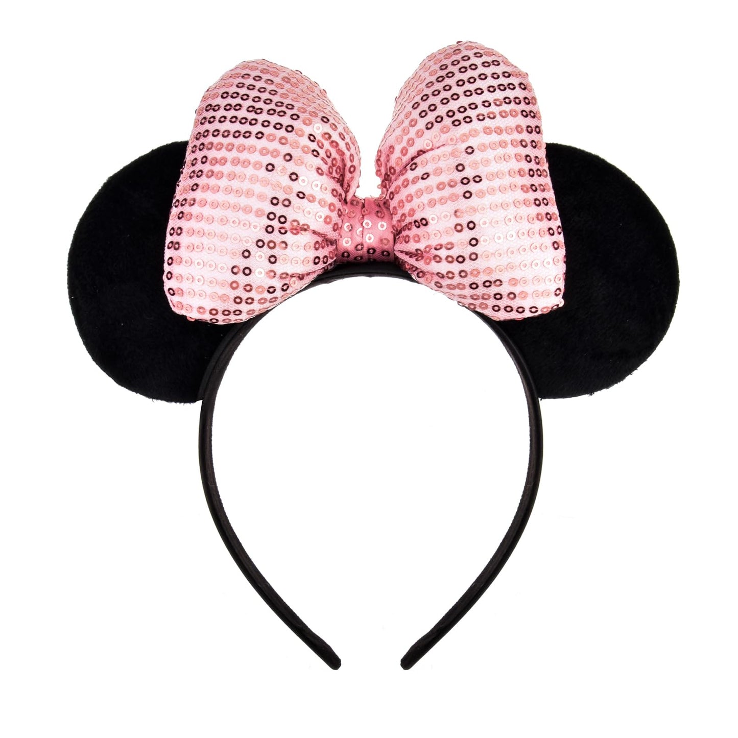 A Miaow 3D Black Mouse Velvet Ears Headband MM Polka Dot Satin Bow Hair Clasp Women Adults Costume Supply Holiday Park Headwear (Pink Bow, One Size)