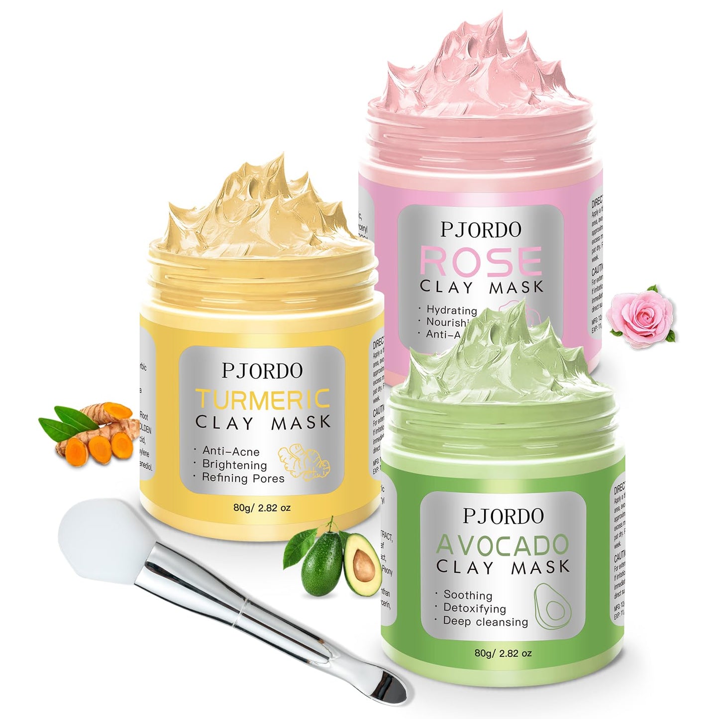 Pjordo Clay Mask Kit, Turmeric Vitamin C Clay Mask, Avocado Clay Mask, Rose Clay Mask, Facial Mask Skin Care Set for Deep Cleansing Reduce Blackheads Dark Spots, 2.82 Oz Each