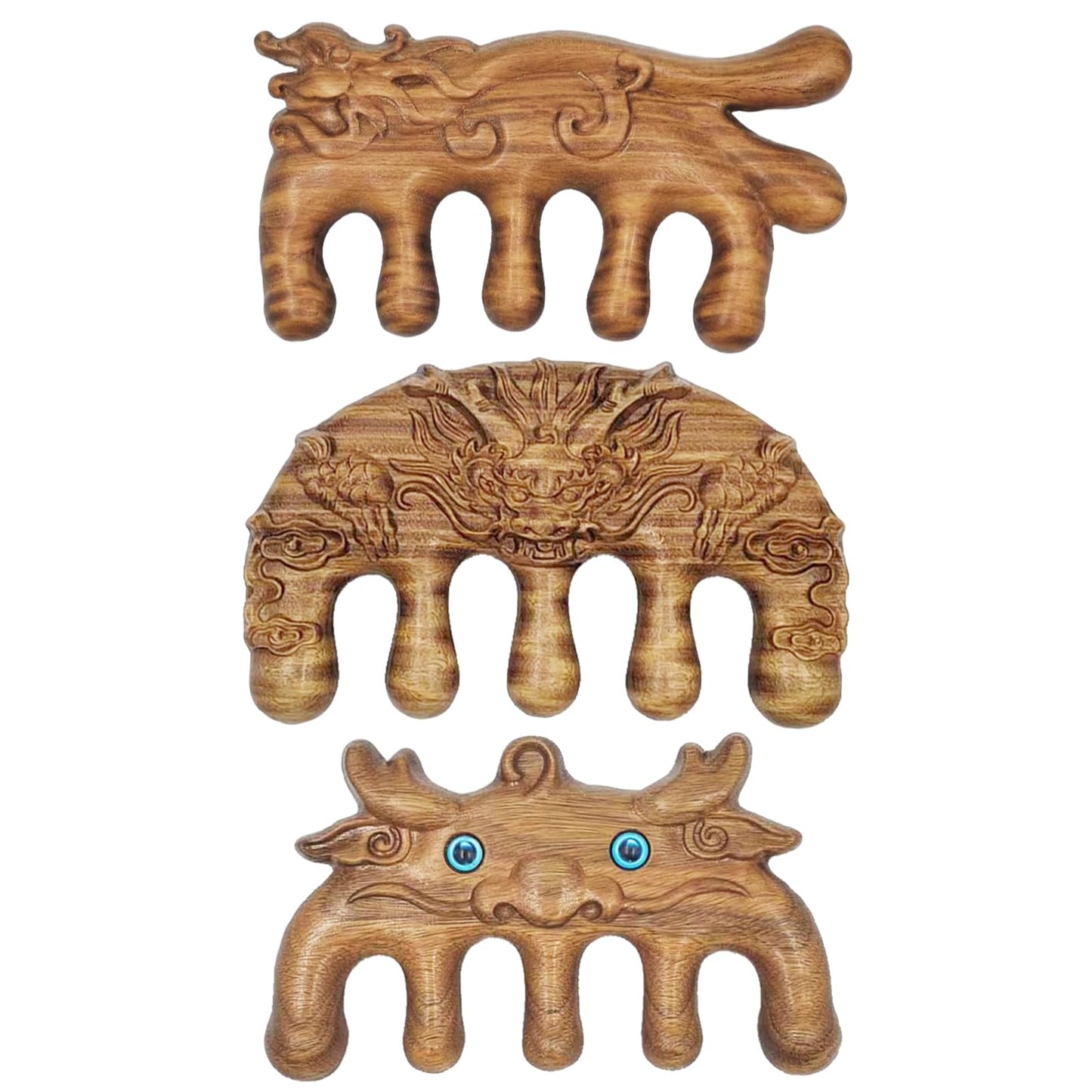 Rhinenet 3PCS Scalp Massager Natural Green Sandalwood Wood Massage Comb Wide Tooth Handmade No Static Head Massage Cute Animal Shapes Comb for Women Men Hair Neck Hands Legs Caring Tool (Dragon-3)
