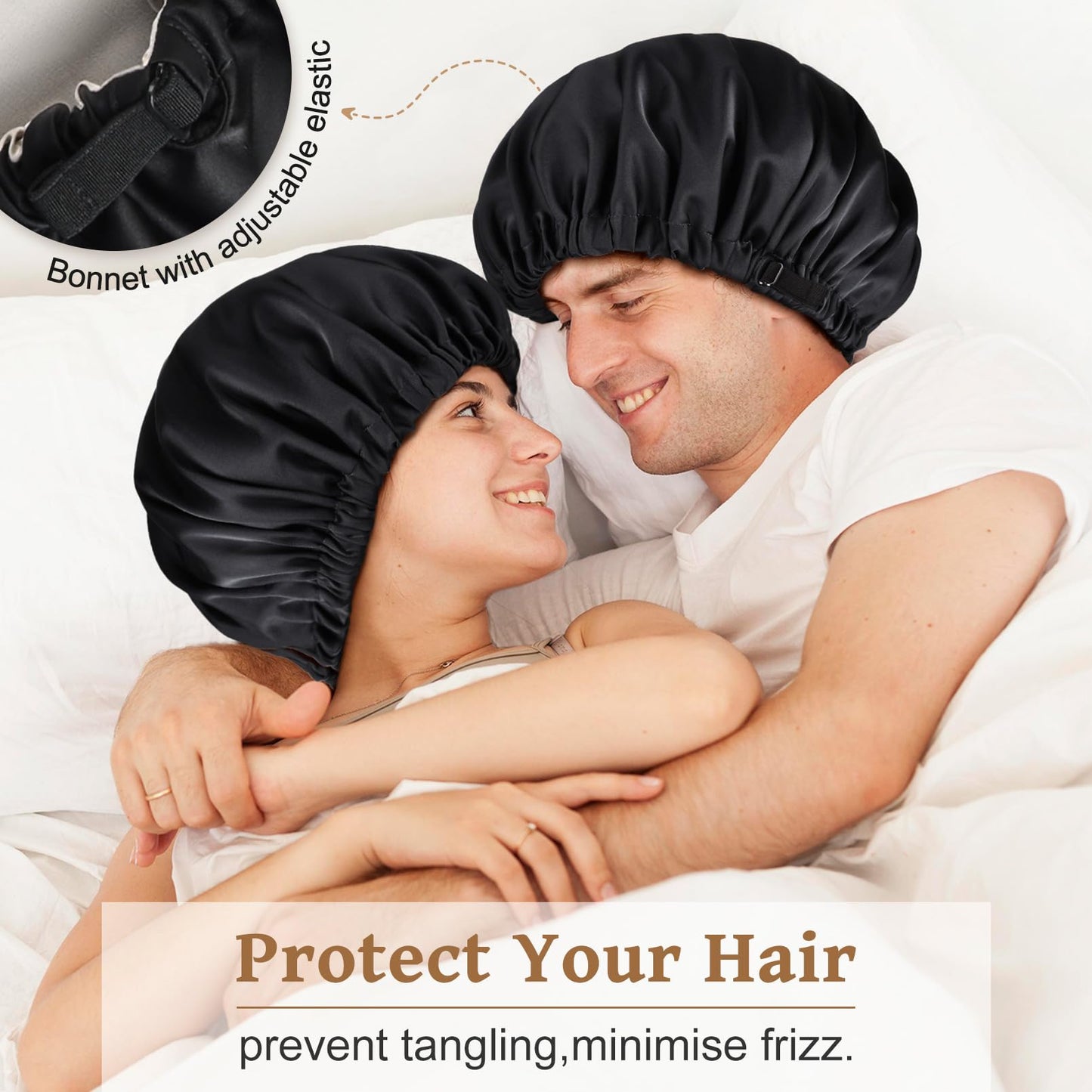 Silk Bonnet for Men Sleeping Satin Bonnet Hair Bonnets Double Layer Ajustable Bonnet Curly Braids Hair for Black Men and Women Sleep Cap (Black/Champagne)