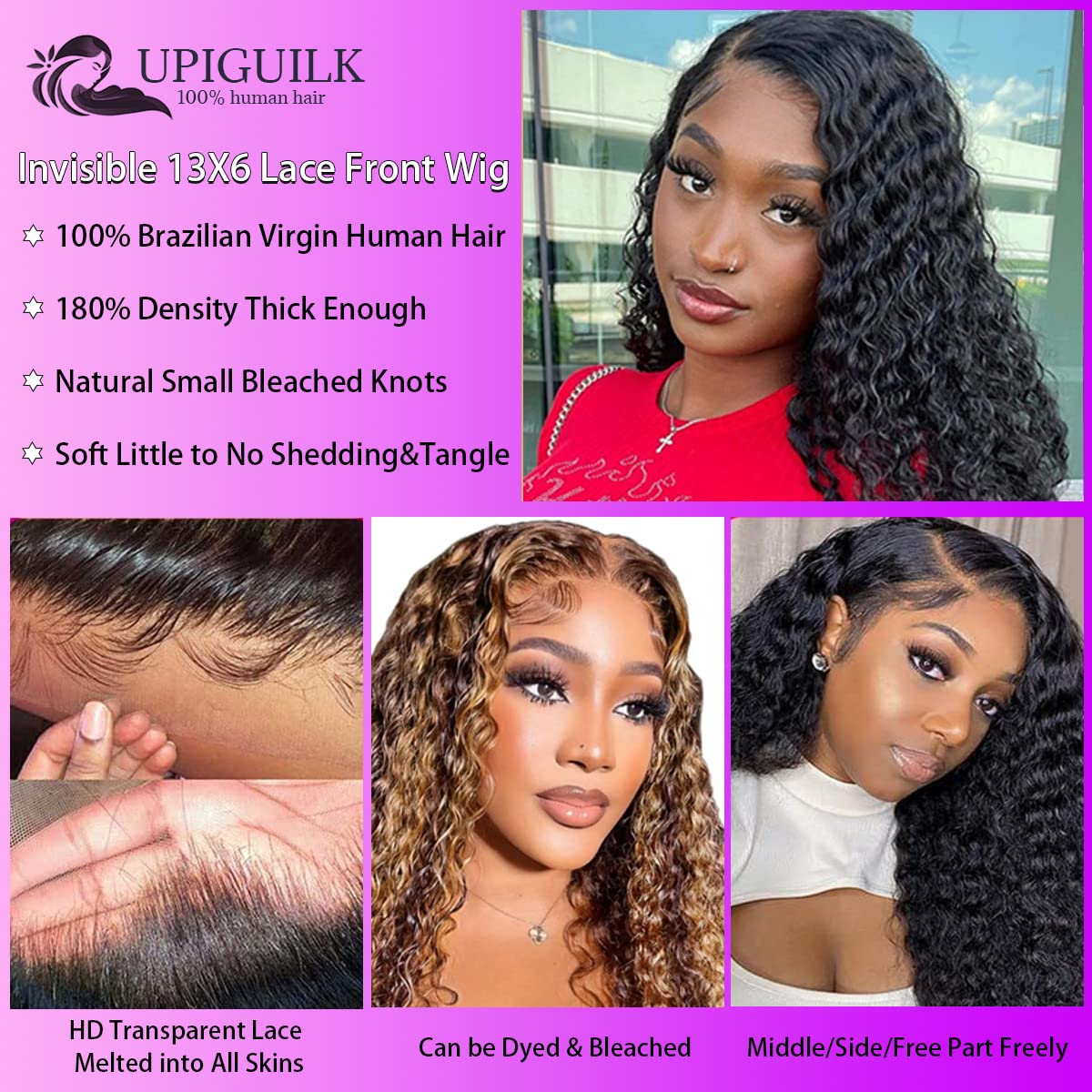 UPIGUILK Glueless HD Lace Front Wigs Human Hair Deep Wave 13x6 HD Lace Frontal Wigs Human Hair Pre Plucked with Baby Hair Curly Wigs for Black Women Human Hair 180% Density Natural Color 16 inch