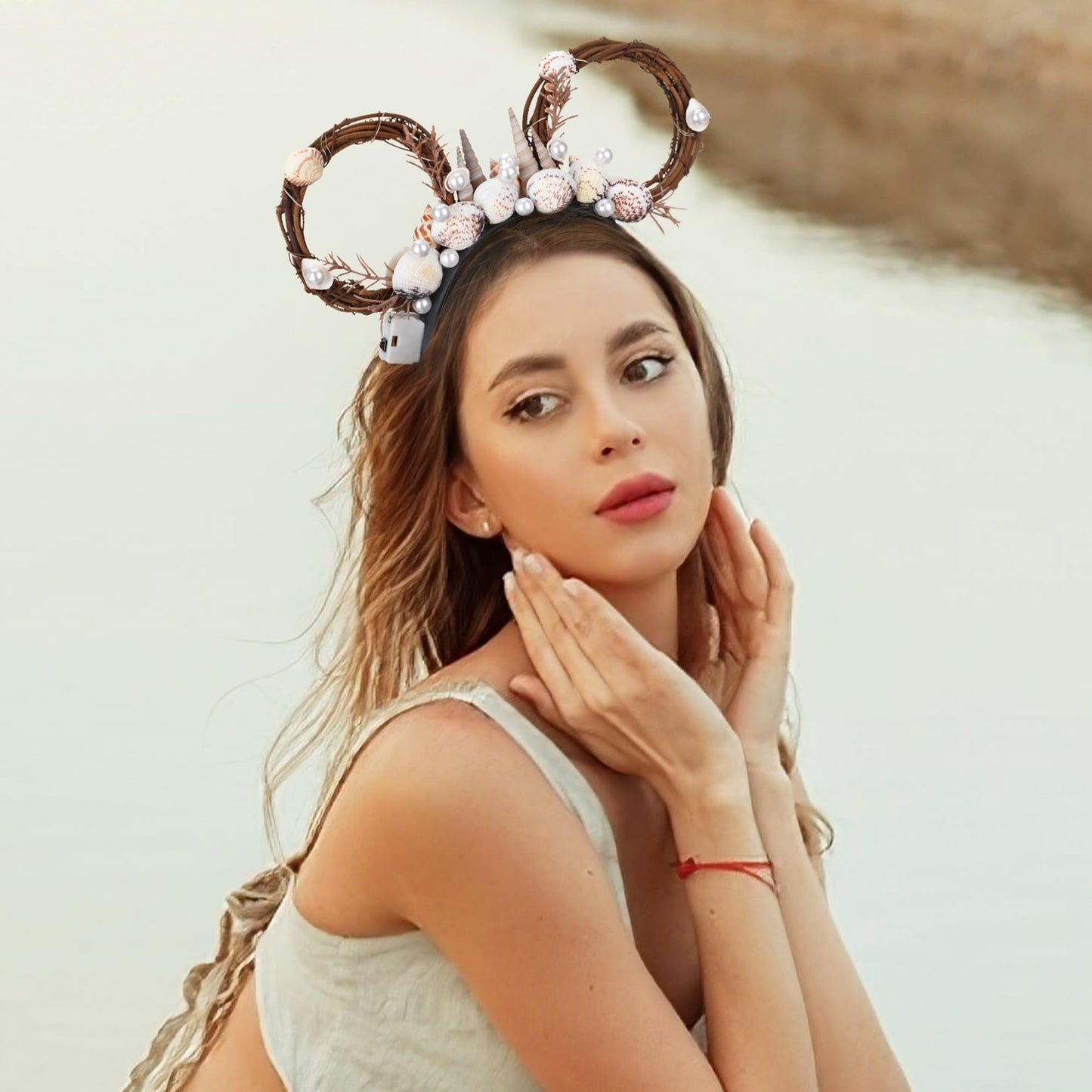 VISSTREE Shell Mouse Ear Crown - LED Light Up Ocean Shell Mermaid Style Mouse Ear Headband for Women Girls Park Party Birthday Celebration Halloween Festival Cosplay Costume Props