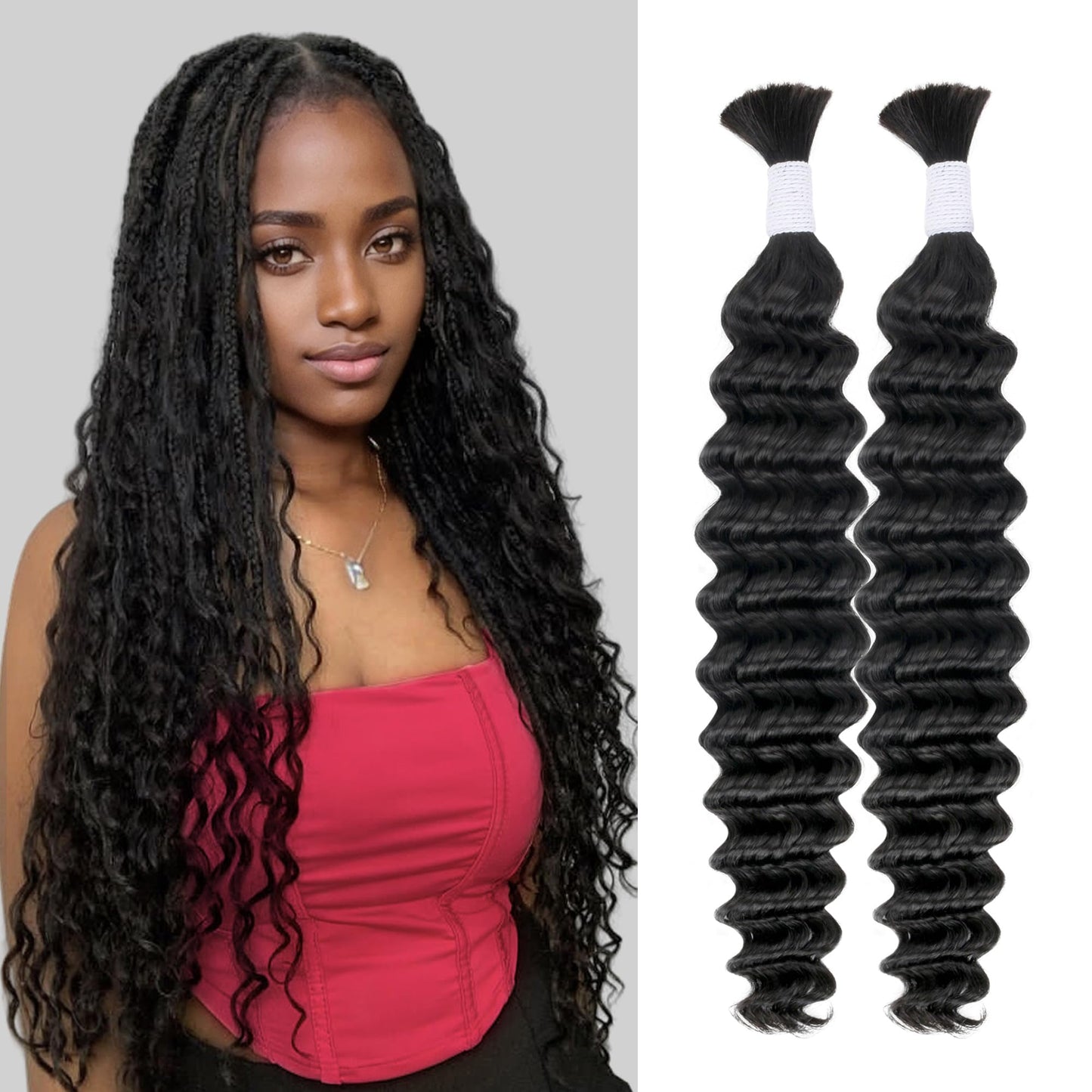 Deep Wave Bulk Human Hair for Braiding 10A Brazilian Curly Human Hair 100 percent Human Hair 2 Bundles No Weft micro Human Braiding Hair for Boho Braids Virgin Hair Extension(Natural Black, 100g 22")