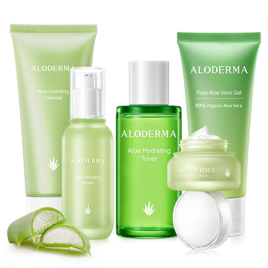 Aloderma Signature Aloe Hydrating Set - 5 Pieces - Aloe Vera Gel, Cleanser, Toner, Serum, Cream