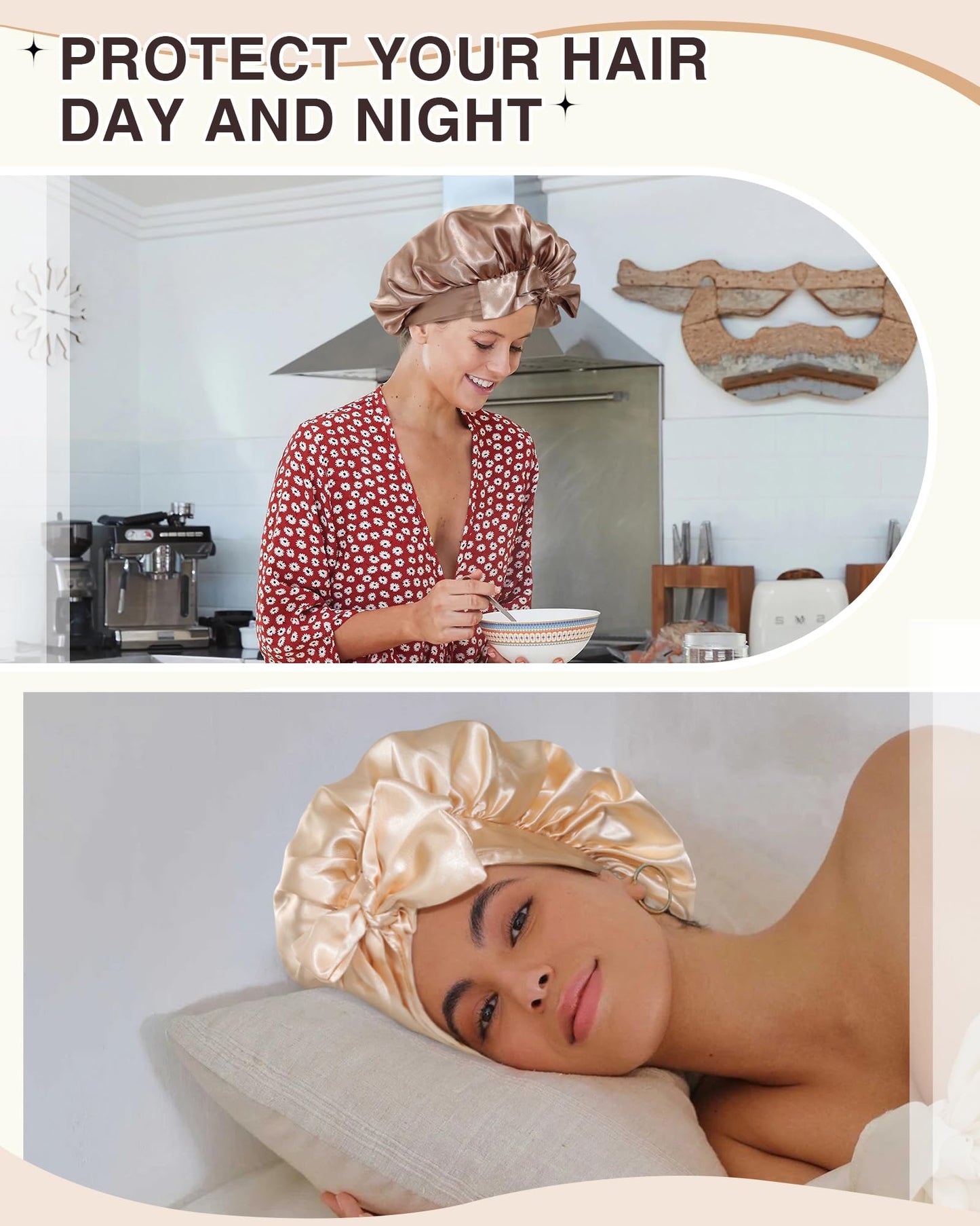 2PCS Satin Bonnet Silk Bonnet for Sleeping Women Curly Hair Bonnet with Tie Band Bonnet Sleep Cap (US, Numeric, 7 7/8, 8, Beige + Champagne)
