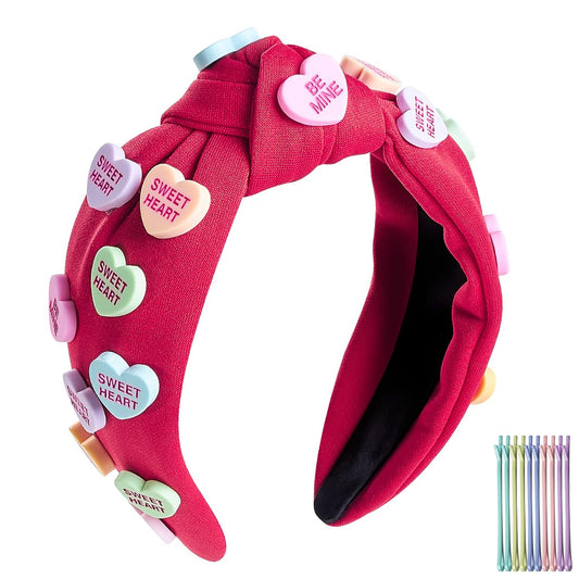 TANOSII Valentine’s Day Knotted Headband for Women Wide Headbands Hair Accessories Jeweled Hairband Letter Heart Red