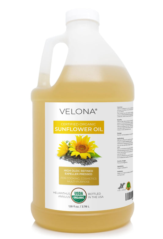 velona USDA Certified Organic Sunflower Oil - 1 Gallon / 128 Fl Oz | 100% Pure and Natural Carrier Oil | High Oleic, Refined, Cold Pressed
