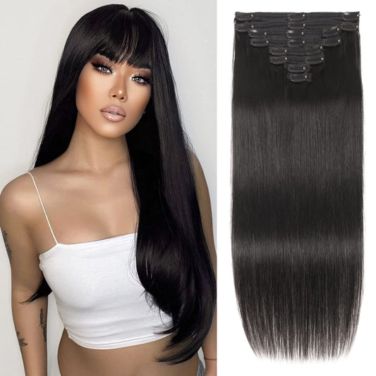 Straight Human Hair Clip in Hair Extensions 100% Unprocessed Full Head Brazilian Virgin Hair Natural Black Color,Double Wefts,8/Pcs with 18Clips,130Gram (20 Inch)