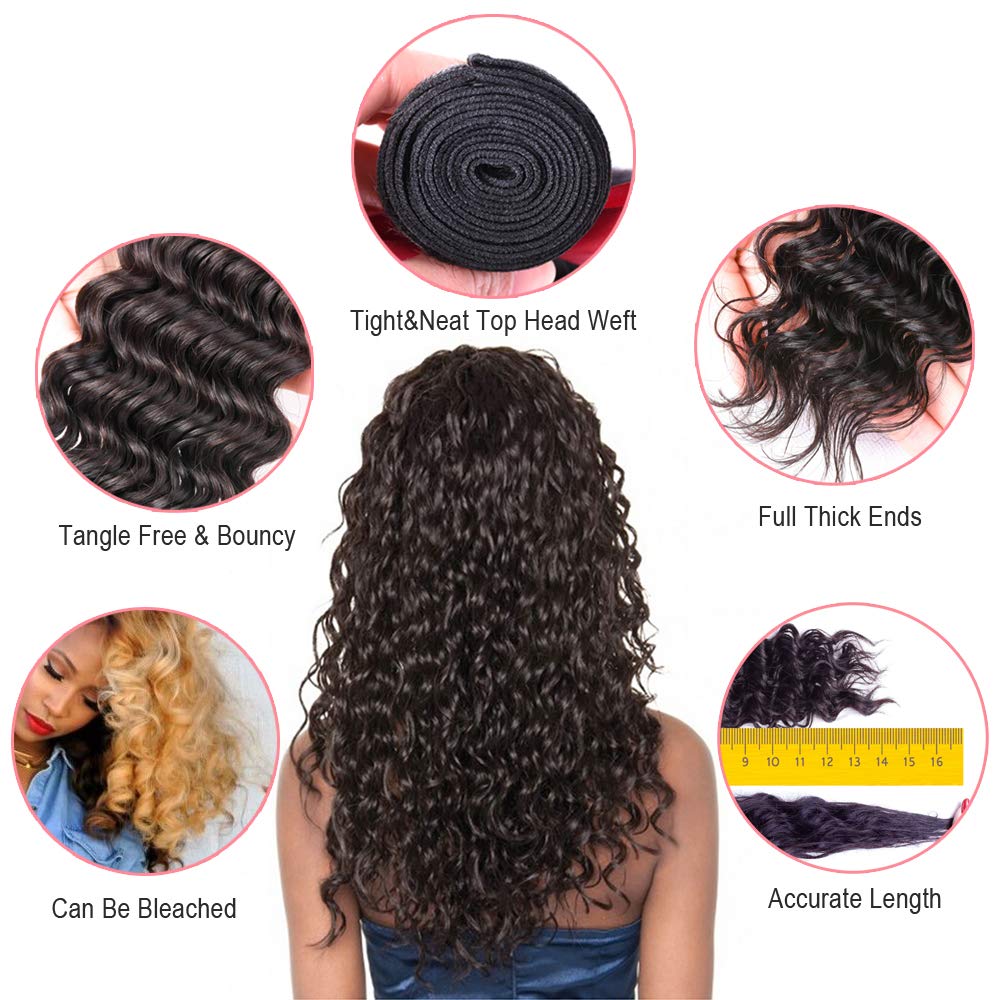 Beauhair Brazilian Hair Deep Wave 3 Bundles with Lace Closure Free Part Virgin Hair Unprocessed Natural Color Deep Wave Bundles with Closure (16 18 20+14, Natural Color)