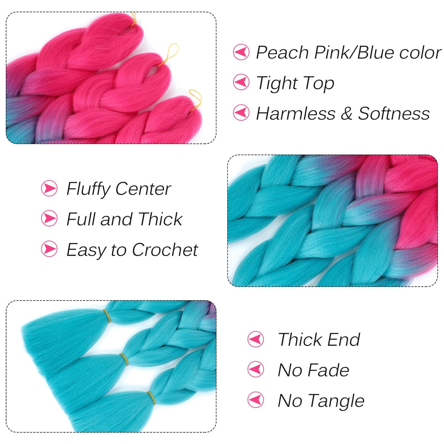 Ombre Braiding Hair 24inch Colored Braiding Hair Pre Stretched Bubble Braids Hair Extensions 3PCS Jumbo Braiding Hair (Peach Pink/Lake Blue)