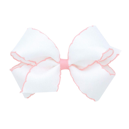 Wee Ones Girls' Classic Grosgrain Moonstitch Edge Hair Bow on a WeeStay Hair Clip, Medium, White with Light Pink