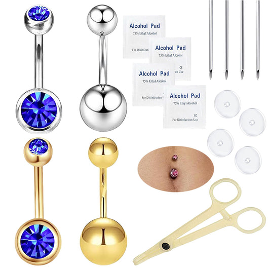 orilace Belly Button Piercing Kit, 12g Piercing Needle Kit Stainless Steel Belly Button Rings Piercing Clamp At Home Piercing Tool Navel Piercing Kit (G+S-Dark Blue)