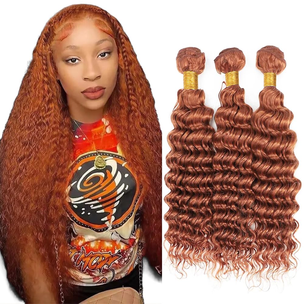 Burnt Orange Deep Curly Human Hair Bundles Color 350 Human Hair Bundles Double Weft Remy Hair Wet and Wavy Bundles Soft and Silky Ginger Deep Wave Bundles for Black Woman (14 16 18 inch,3 Bundles)