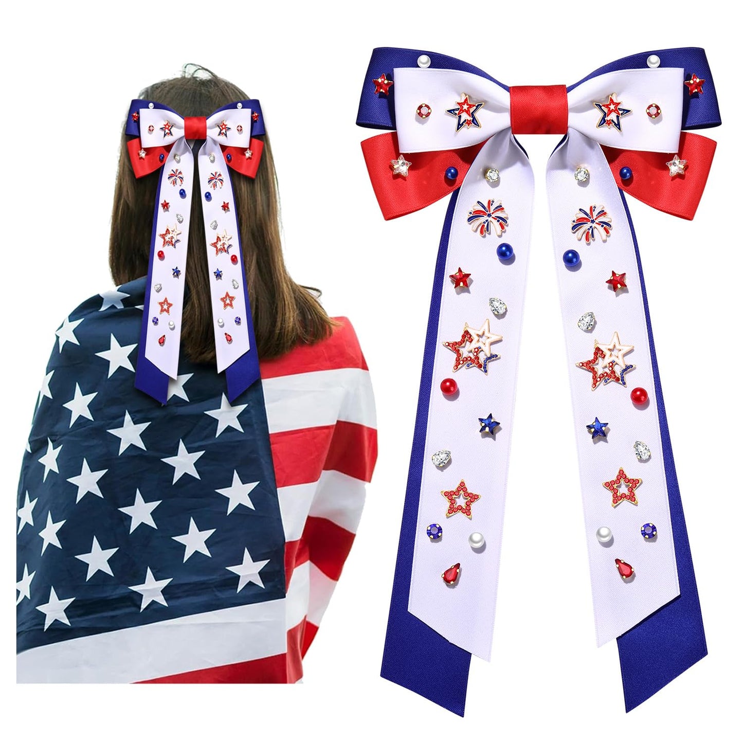 4th of July Women's Silky Satin Hair Accessories: Red, White, and Blue Star Patriotic Ribbons, Bows, and Clips for American Flag Outfits and Gifts (White 7)