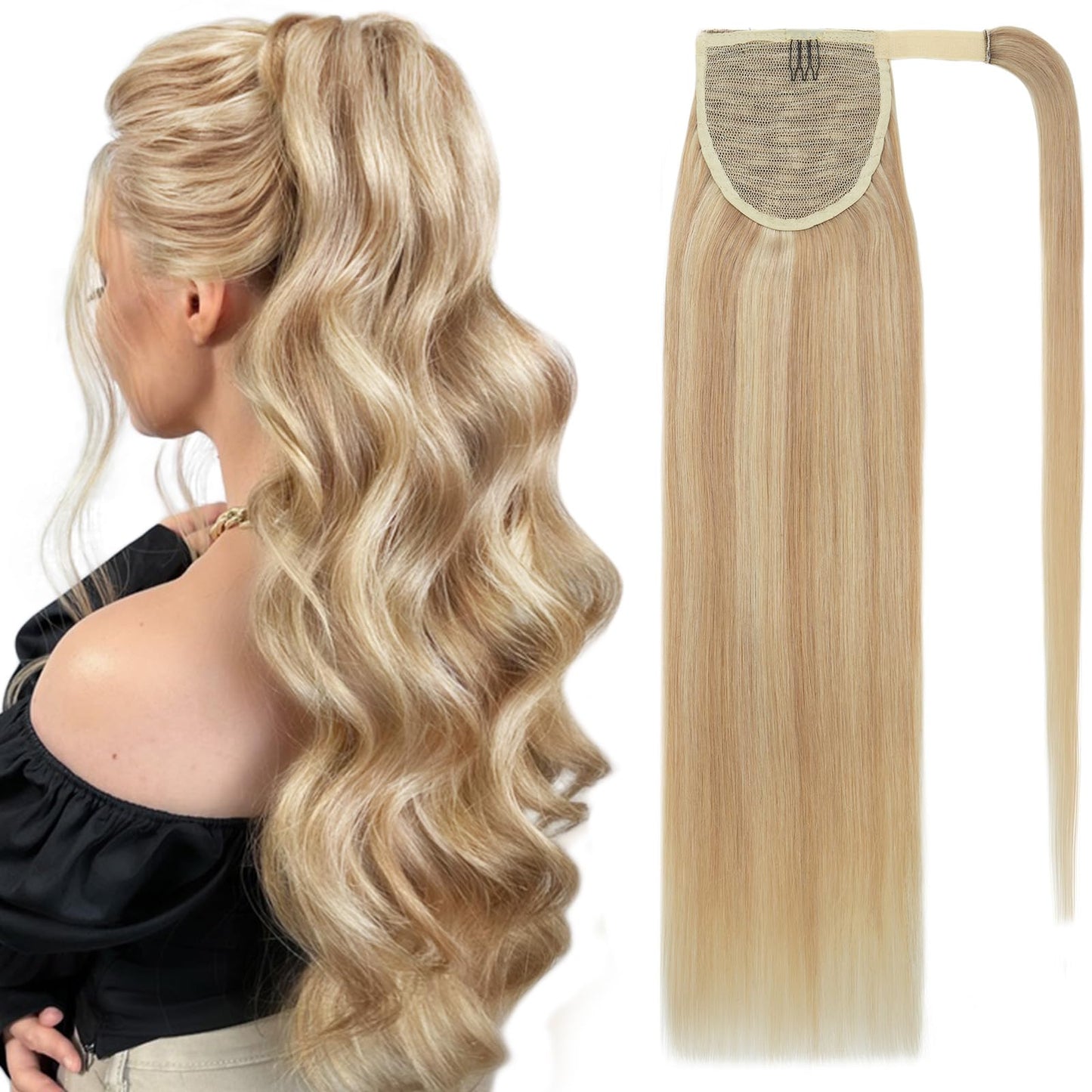 SEGO Pro Ponytail Extensions Human Hair Long Ponytail Hair Extensions with Magic Paste Wrap Around Clip in Ponytail Extensions Real Human Hair,16inch #18P613 Gold Blonde Mixed Bleach Blonde,80g