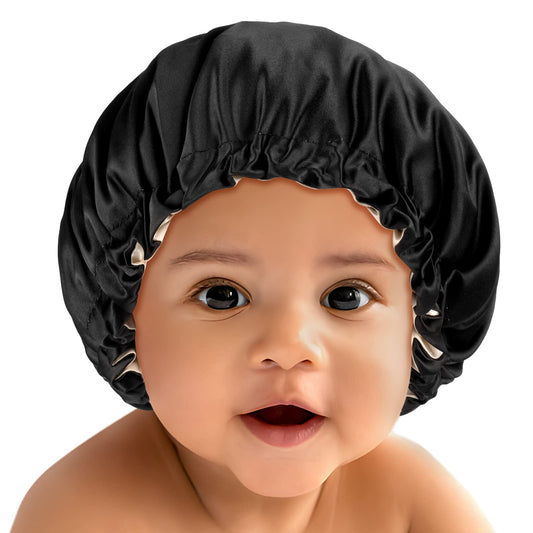 Baby Bonnet for 6-36 Months Sleeping: Reversible Smooth Satin for No Mess Toddler's Curly Hair, Adjustable Band No Slip Black-Taupe