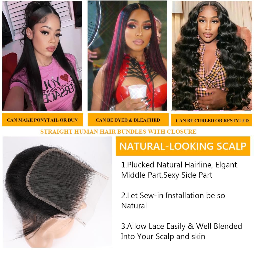 QTHAIR 14A Brazilian Straight Hair 3 Bundles with Transparent HD Lace Closure(12" 14" 14" with 10") Brazilian Straight Virgin Hair Weave 100% Unprocessed Brazilian Hair Straight Human Hair Weave