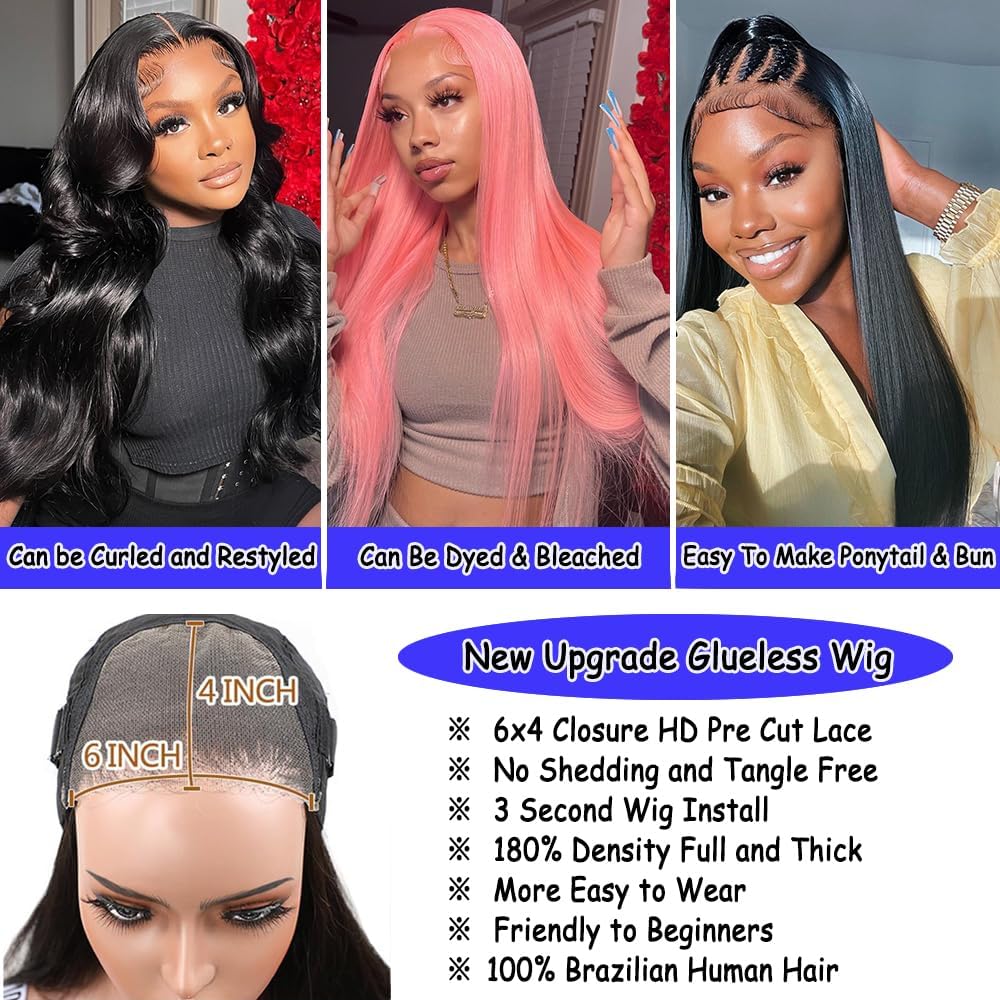 Wear and Go Glueless Wigs Human Hair Pre Plucked Pre Cut For Beginners 20 Inch Straight Lace Front Wigs Human Hair Glueless 6x4 HD Lace Closure Wigs Human Hair Straight wigs Human Hair for Women