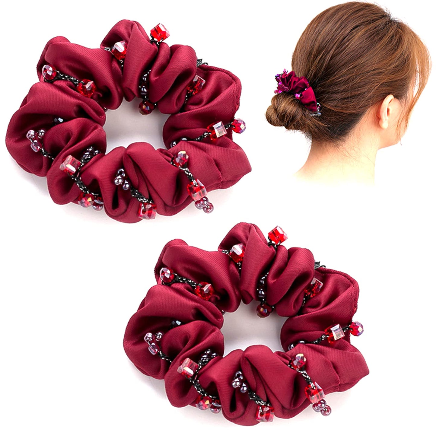 2 Pack Elegant Bling Boho Crystal Beads Hair Ties Hair Ropes String Of Beads Hair Scrunchies Elastics Ponytail Holders Hair Wrist Ties Bands Bracelets Hair Jewelry Hair Accessory for Show Gym Dance Party Gift for Girl Women (Wine Red)