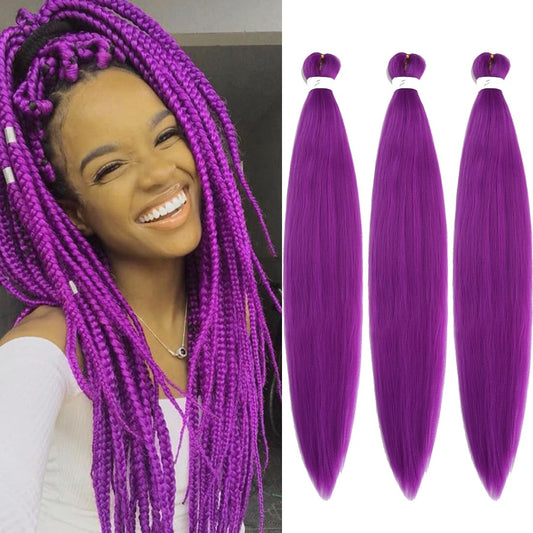 Pre Stretched Braiding Hair 26 Inch 3 Packs Purple Braiding Hair Synthetic Braids Hair Hot Water Setting Crochet Hair for Box Braids Yaki Texture Hair Extensions(26inch,Purple)