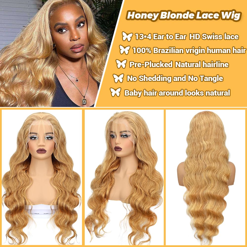 SOSATISFY Body Wave Honey Blonde Wig Human Hair 13x4 Honey Blonde HD Lace Front Wig Human Hair 200% Density 27# Colored Human Hair Wigs Pre Plucked with Baby Hair (18 inch)