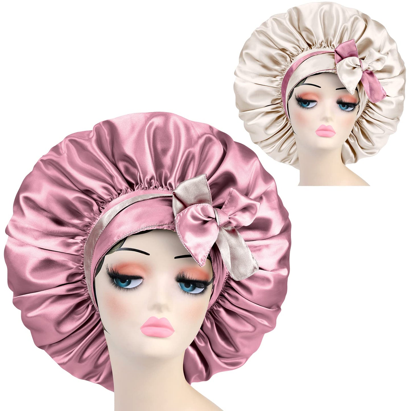 Satin Silk Bonnet Hair Cap: Extra Large Jumbo Adjustable Double Layer Reversible Sleeping Satin Lined Bonnets Night Cap (Rosegold&Champagne)