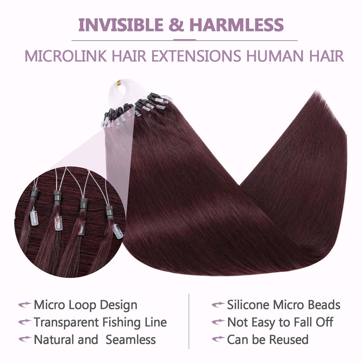 Benehair Micro Loop Hair Extensions Real Human Hair Wine Red Microlink Hair Extensions Human Hair 22inch Micro Link Hair Extensions for Women Invisible Natural Hair Extensions Add Volume