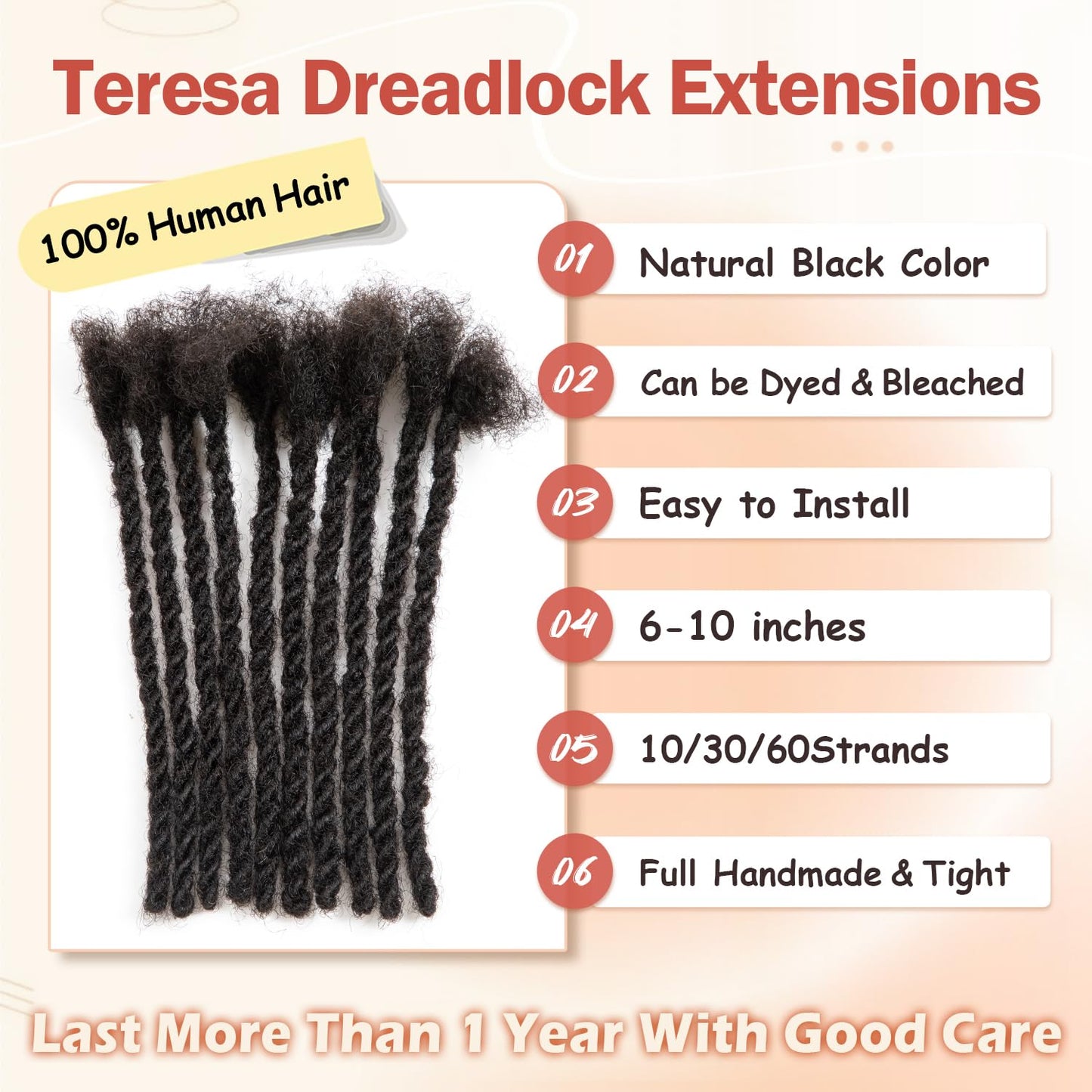 Teresa 0.6cm Width Starting Locs with Two Strand Twists Human Hair Dreadlocks Styled Retwisting Starter Loc Extensions Human Hair For Men and Women (1B/30 Strands, 8 Inch)